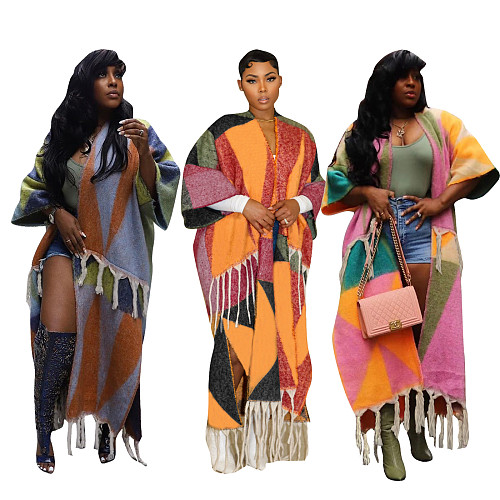 Casual Color-blocked Fringed Knitted Long Coat TR-1291