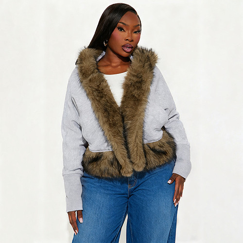 Stylish Hooded Cardigan with Fur Trim and Pockets Long-Sleeved Short Jacket Top XYWL-25TP395