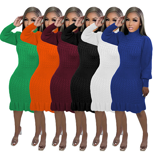Knitted Ruffles Hem Turtleneck Knee-length Midi Dress TR-1232