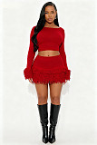 Fashionable Knitted Hand-crocheted Tassel Long-sleeved Bodycon Skirt Two-piece Set YUNM-58025