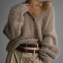 Spring Autumn Imitation Mink Laid-back Loose Sweater Soft Long-sleeved Knitted Sweater For Women RS-9902
