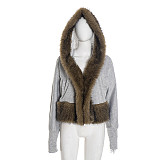 Stylish Hooded Cardigan with Fur Trim and Pockets Long-Sleeved Short Jacket Top XYWL-25TP395