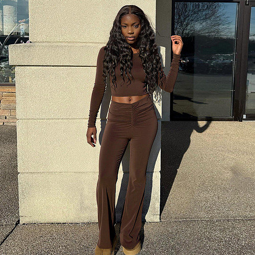 Solid Color Crew Neck Pullover Crop Top and High-waisted Flared Pants Set XYWL-25ST393