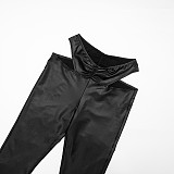 Sexy Faux Leather Drawstring Pleated Crop Top and High-waistedFlared Pants Set XYWL-25ST384