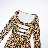 Square Neck Leopard Print Hollow-out Bodycon Pleated Long Dress XYWL-25DS376