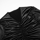 Sexy Faux Leather Drawstring Pleated Crop Top and High-waistedFlared Pants Set XYWL-25ST384