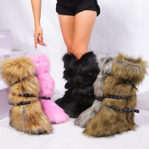 Sexy Cross-over Buckle Fur High-top Snow Boots HES-2024