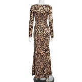Square Neck Leopard Print Hollow-out Bodycon Pleated Long Dress XYWL-25DS376