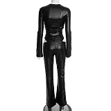 Sexy Faux Leather Drawstring Pleated Crop Top and High-waistedFlared Pants Set XYWL-25ST384