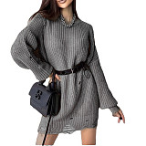 Loose Solid Ripped Sweater Mid-length 2025 Round-neck Pullover Long-sleeved Knit Mini Dress RS-MY999