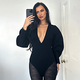 Sexy Hot Girl Slim-fit Deep V-neck Elegant Long-sleeved Hip-lifting Bodysuit SXE-84533