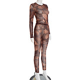 Round Neck Pullover Floral Print Long-sleeved High-waisted Bodycon Trouser Suit XYWL-25ST289