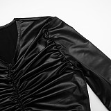 Sexy Faux Leather Drawstring Pleated Crop Top and High-waistedFlared Pants Set XYWL-25ST384