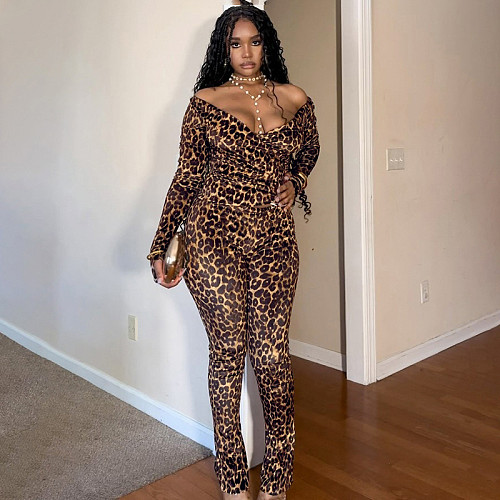 Leopard Print Off-shoulder Deep V-neck High-waisted Straight Leg Pants Suit XYWL-25ST311