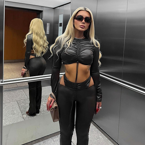 Sexy Faux Leather Drawstring Pleated Crop Top and High-waistedFlared Pants Set XYWL-25ST384
