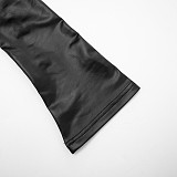 Sexy Faux Leather Drawstring Pleated Crop Top and High-waistedFlared Pants Set XYWL-25ST384