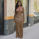 Square Neck Leopard Print Hollow-out Bodycon Pleated Long Dress XYWL-25DS376
