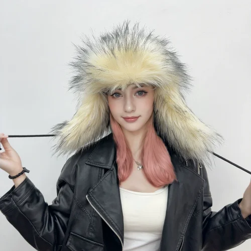New Winter Faux Raccoon Fur Thickened Straw Hat HES-6700