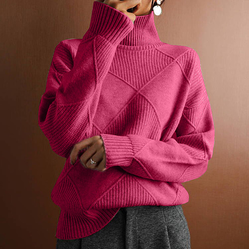 Loose High Neck Warm Knitted Sweater Solid Pullover For Women RS-999