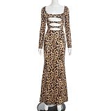 Square Neck Leopard Print Hollow-out Bodycon Pleated Long Dress XYWL-25DS376