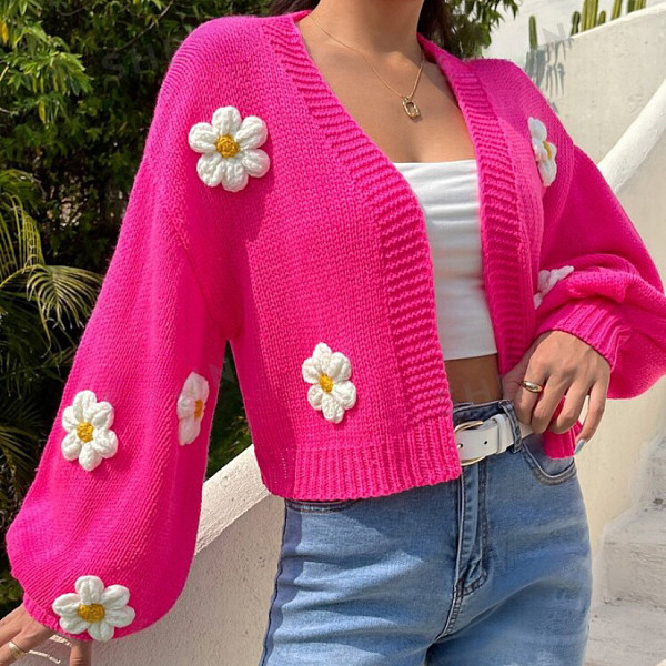 Sweet Three-dimensional Floral Sweater Coat For Women Loose Short Knitted Cardigan RS-G2002