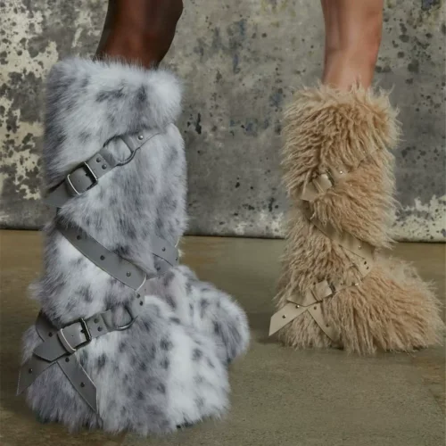 2025 New High-Top Lace-Up Fur-Lined Studded Snow Boots HES-4344