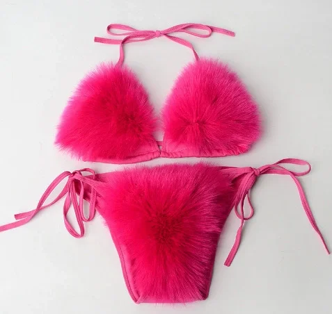 Solid Color Fur Bikini Fuzzy Sports Swimsuit HES-4000