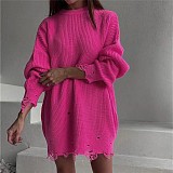 Loose Solid Ripped Sweater Mid-length 2025 Round-neck Pullover Long-sleeved Knit Mini Dress RS-MY999