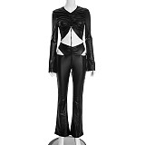 Sexy Faux Leather Drawstring Pleated Crop Top and High-waistedFlared Pants Set XYWL-25ST384