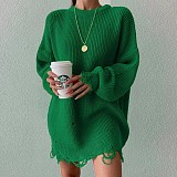 Loose Solid Ripped Sweater Mid-length 2025 Round-neck Pullover Long-sleeved Knit Mini Dress RS-MY999