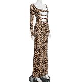 Square Neck Leopard Print Hollow-out Bodycon Pleated Long Dress XYWL-25DS376