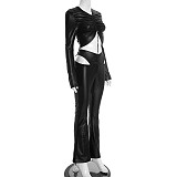 Sexy Faux Leather Drawstring Pleated Crop Top and High-waistedFlared Pants Set XYWL-25ST384