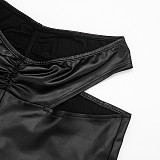 Sexy Faux Leather Drawstring Pleated Crop Top and High-waistedFlared Pants Set XYWL-25ST384
