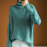 Loose High Neck Warm Knitted Sweater Solid Pullover For Women RS-999