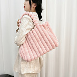 New Macaron-colored Large-capacity Commuter Tote Shoulder Bag With Fur Trim