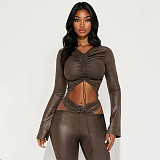 Sexy Faux Leather Drawstring Pleated Crop Top and High-waistedFlared Pants Set XYWL-25ST384