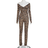 Leopard Print Off-shoulder Deep V-neck High-waisted Straight Leg Pants Suit XYWL-25ST311