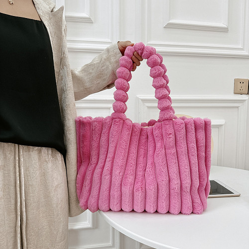 New Macaron-colored Large-capacity Commuter Tote Shoulder Bag With Fur Trim
