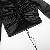 Sexy Faux Leather Drawstring Pleated Crop Top and High-waistedFlared Pants Set XYWL-25ST384