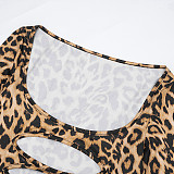 Square Neck Leopard Print Hollow-out Bodycon Pleated Long Dress XYWL-25DS376