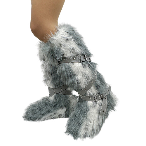 2025 New Style Faux Fur Leopard Print High-Top Lace-up Snow Boots HES-7500