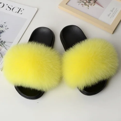 2025 Home Flat Red Fox Fur Slip-on Sandals HES-0616