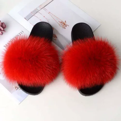 2025 Home Flat Red Fox Fur Slip-on Sandals HES-0616