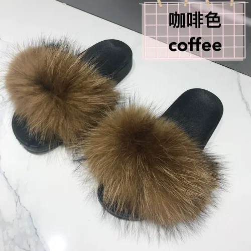 New Raccoon Fur and Fox Fur Flat Slippers HES-5290