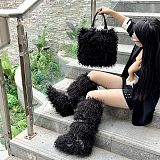 New Faux Sheepskin Tote Bag and Flat Leather Belt Snow Boots Set HES-1050