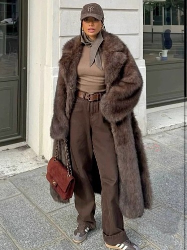 Lazy Style Fox Fur Coat Long Brown Street Women Imitating Fur ZNFR-KJ1302