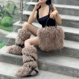New Faux Sheepskin Tote Bag and Flat Leather Belt Snow Boots Set HES-1050