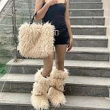 New Faux Sheepskin Tote Bag and Flat Leather Belt Snow Boots Set HES-1050