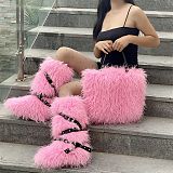 New Faux Sheepskin Tote Bag and Flat Leather Belt Snow Boots Set HES-1050