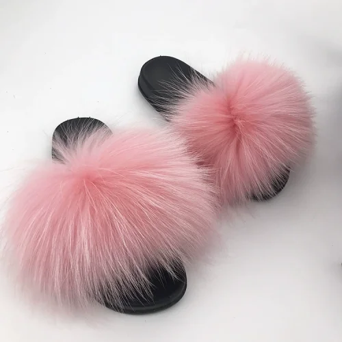 New Raccoon Fur and Fox Fur Flat Slippers HES-5290